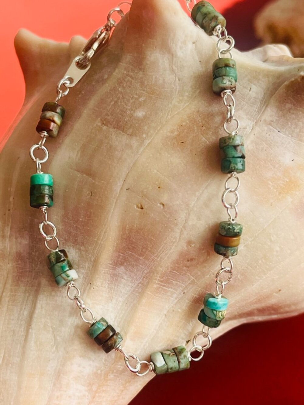 African Turquoise Bracelet | Boho Heishi Bead Silver Bracelet | Earthy Gemstone - Picture 3 of 6